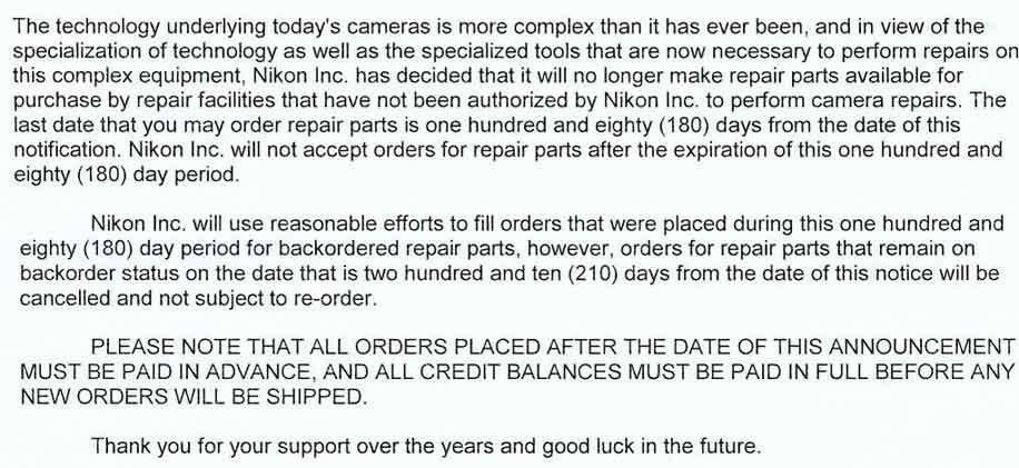 Carta Nikon cese venta piezas a tecnicos independientes